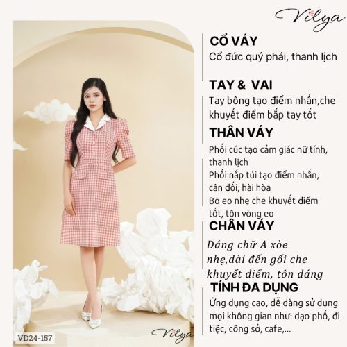 Striped Half Sleeve Midi Dress_VD24-157_Vilya Brand_ชุดเดรสทำงานลายตารางหมากรุกสีแดง ปกคอปกสีขาว และแขนเสื้อหลวม