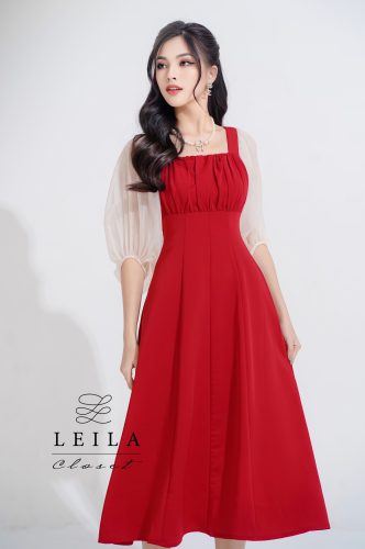 Lila Puff Half Sleeve Tie Waist Flared Midi Dress_LE14.15_Leila Closet Brand_Lila dress