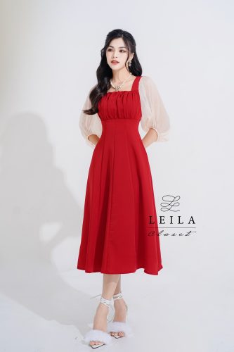 Lila Puff Half Sleeve Tie Waist Flared Midi Dress_LE14.15_Leila Closet Brand_Lila dress