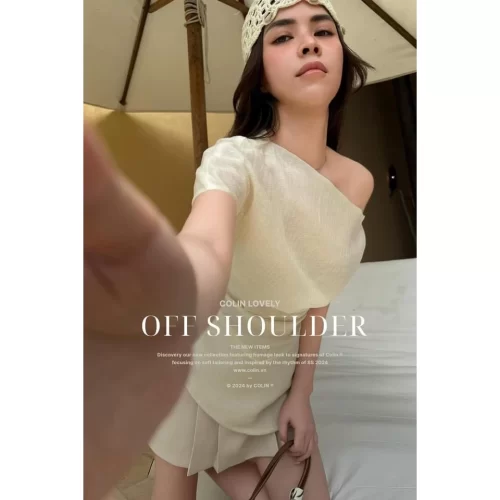 One Shoulder Boat Neck Shirt_CO51.51_Colin Brand_เสื้อเชิ้ตผู้หญิงปาดไหล่ผูกเอวสองข้าง