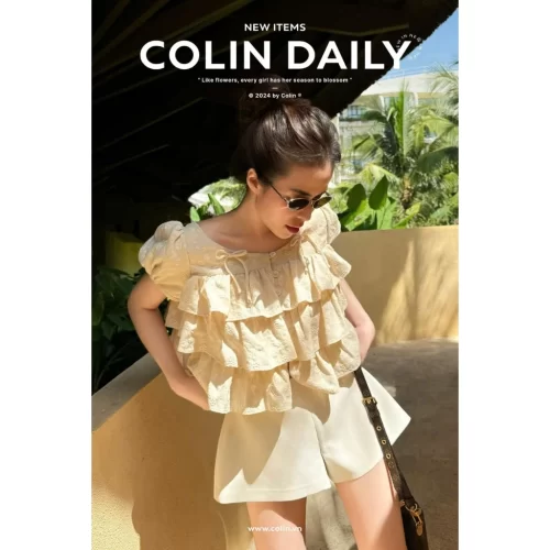 Short Sleeve Linen Shirt_CO51.36_Colin Brand_เสื้อเชิ้ตลินินปักลายแขนสั้นและจับจีบสำหรับผู้หญิง