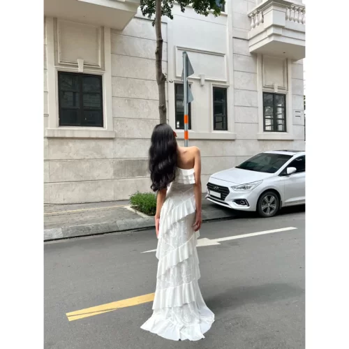 Venus Elasstic Mesh Long Dress_LA194.64_LACE Brand_VENUS ชุดเดรสตาข่ายลูกไม้ลายดอกไม้คุณภาพสูง