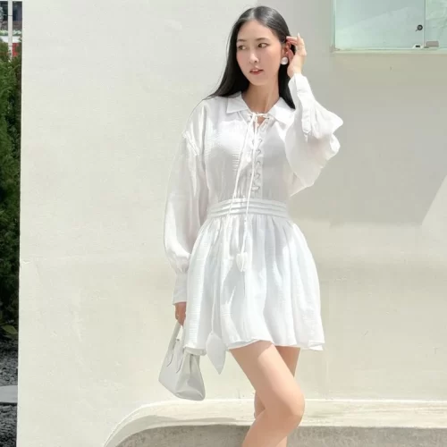 Kisserine Shirtwaist Dress_JO202.39_Joven Brand_Kisserine Somi ชุดเดรสแขนพัฟฟ็อกซ์อายสีขาว