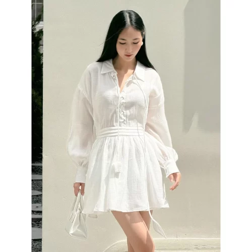 Kisserine Shirtwaist Dress_JO202.39_Joven Brand_Kisserine Somi ชุดเดรสแขนพัฟฟ็อกซ์อายสีขาว