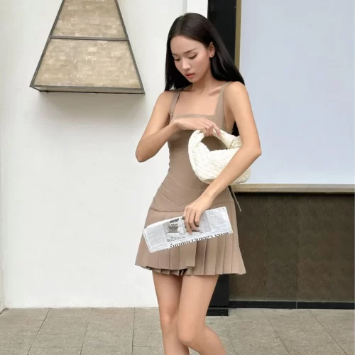 Lavia Camisol Mini Dress_JO202.42_Joven Brand_ชุดเดรสสายเดี่ยว Lavia แต่งสายคาดสีน้ำตาลมอส