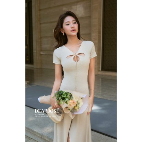 Clover Hi-Low Midi Dress_DE37.58_DEAR JOSÉ Brand_ชุดเดรสสั้นทรงคัตเอ้าพร้อมขอบลูกไม้