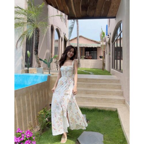 Brandy Flared Floral Pattern Maxi Dress_CL56.9_ClothesBar Brand_ชุดเดรสลายดอกมีซับใน