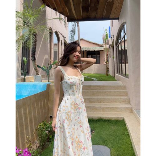 Brandy Flared Floral Pattern Maxi Dress_CL56.9_ClothesBar Brand_ชุดเดรสลายดอกมีซับใน